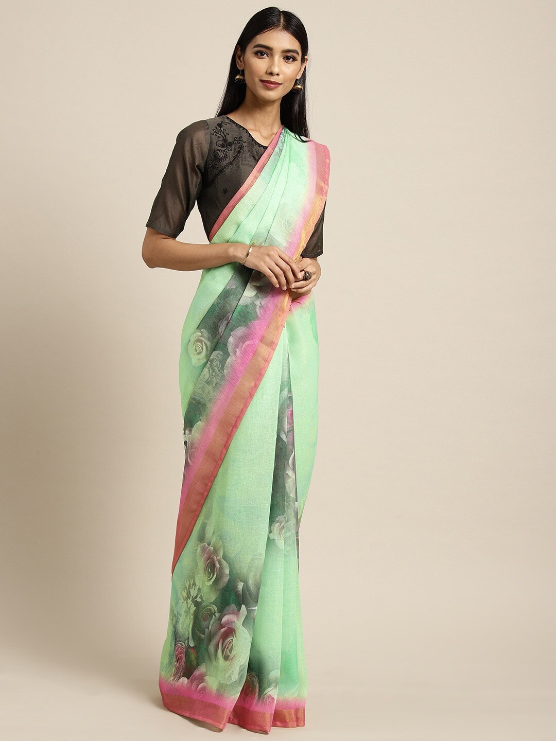 

Shaily Green & Pink Floral Printed Zari Pure Linen Saree