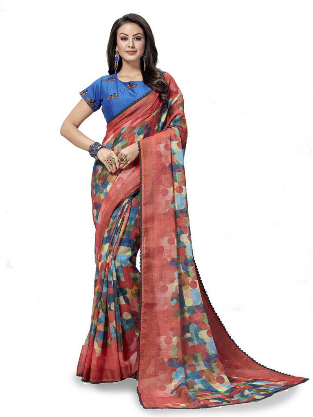 

Shaily Orange Abstract Printed Pure Linen Saree