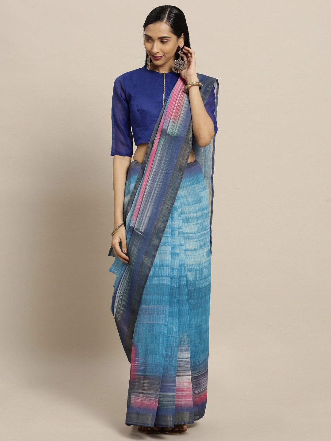 

Shaily Blue & Pink Abstract Printed Pure Linen Saree