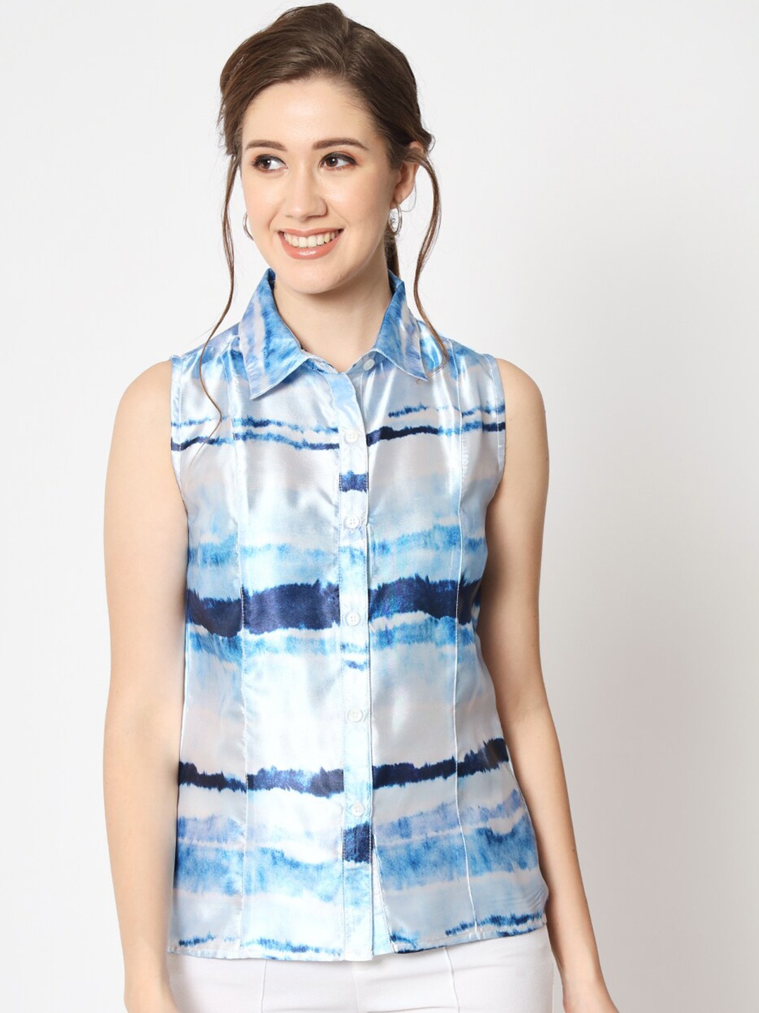 

CHARMGAL Abstract Printed Sleeveless Classic Slim Fit Satin Casual Shirt, White