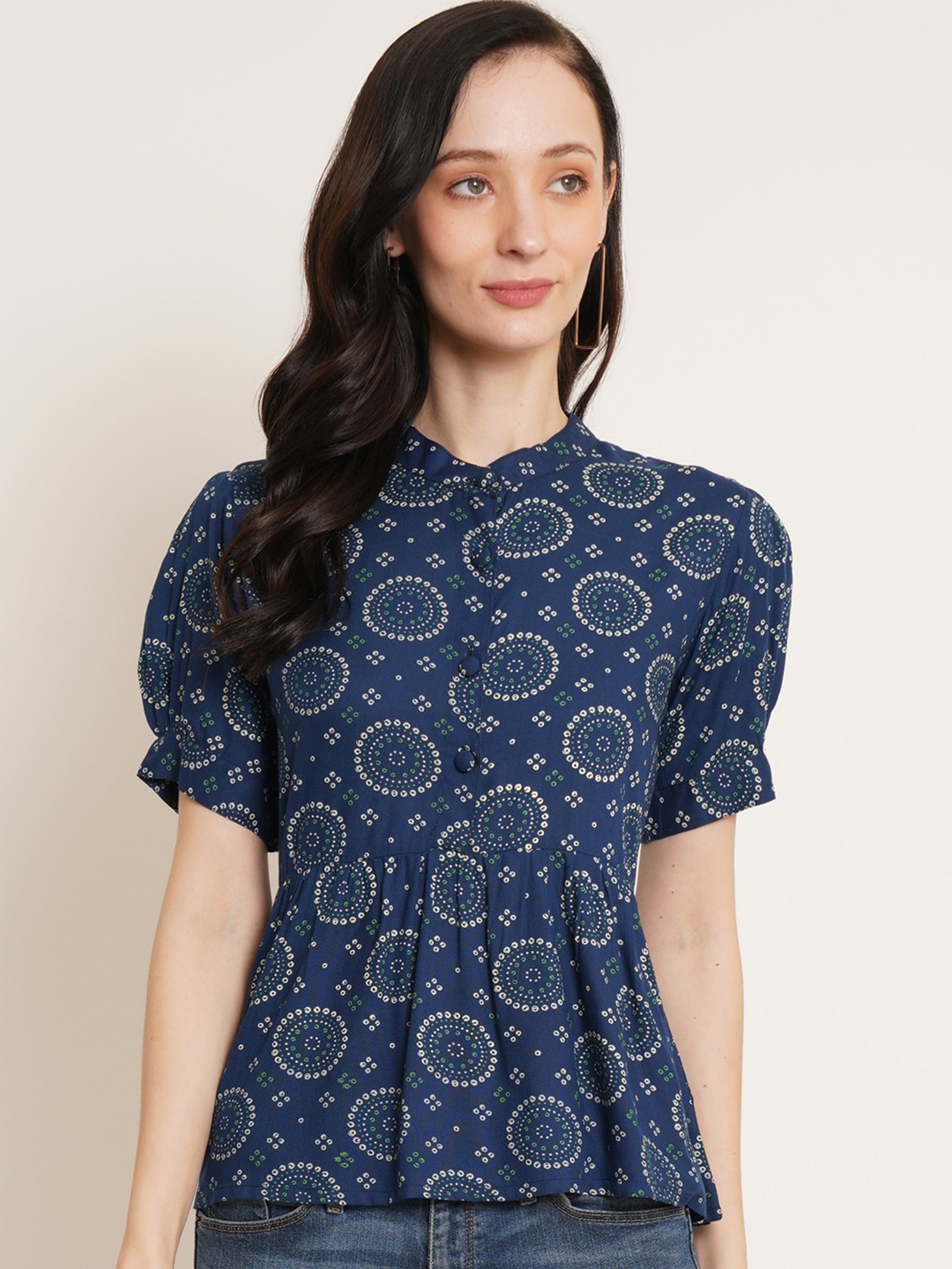 

U&F Navy Blue Ethnic Motifs Printed Band Collar Puff Sleeves Pleated A-Line Top