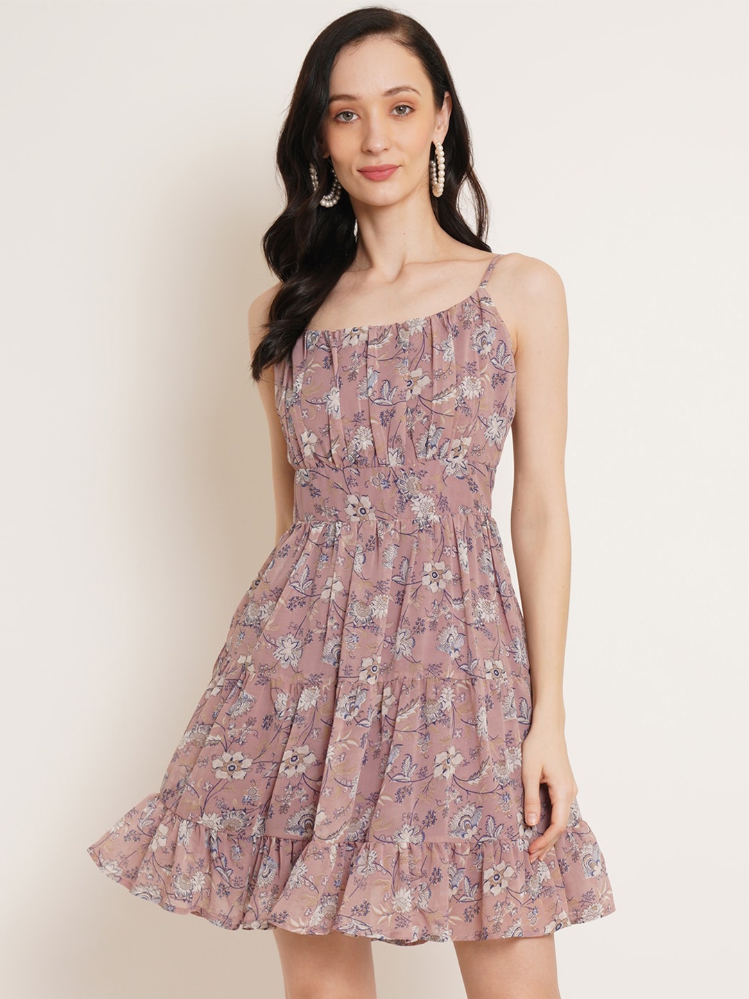 

U&F Purple Floral Printed Gathered Georgette Fit & Flare Dress, Mauve