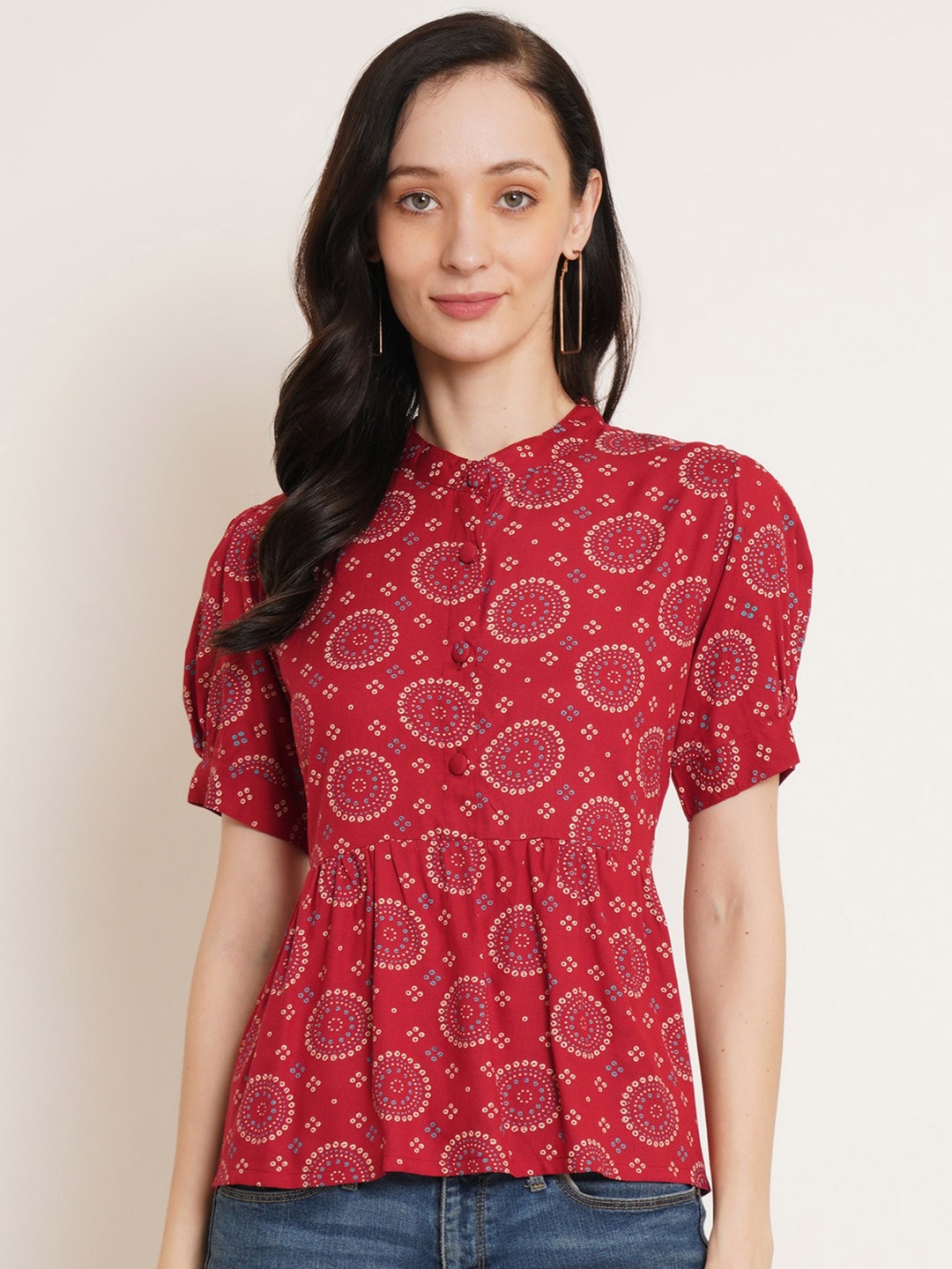 

U&F Red Ethnic Motifs Printed Mandarin Collar Puff Sleeve Peplum Top