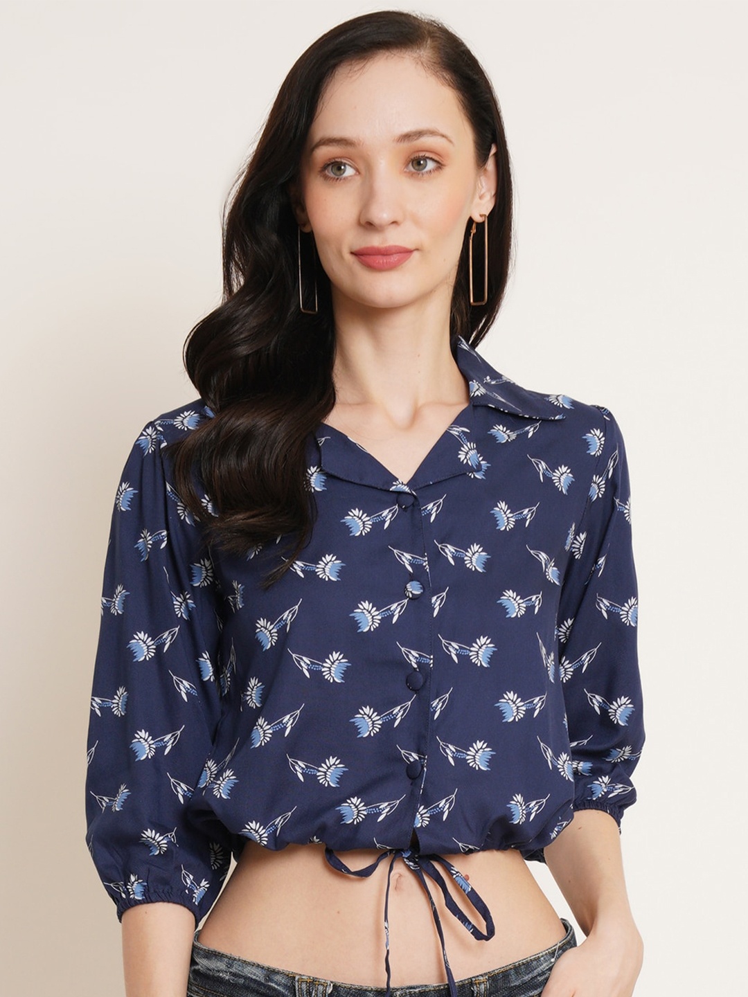 

U&F Navy Blue Floral Printed Puff Sleeve Tie-Up Detail Shirt Style Crop Top