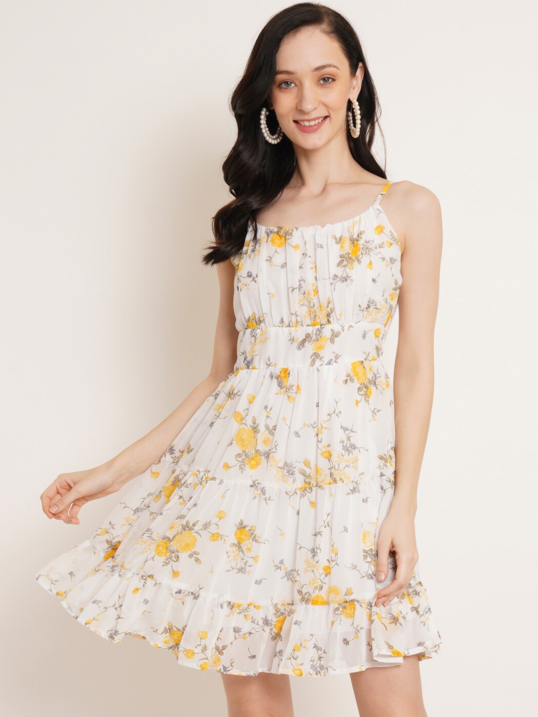 

U&F White Floral Printed Shoulder Strap Georgette Fit & Flare Dress