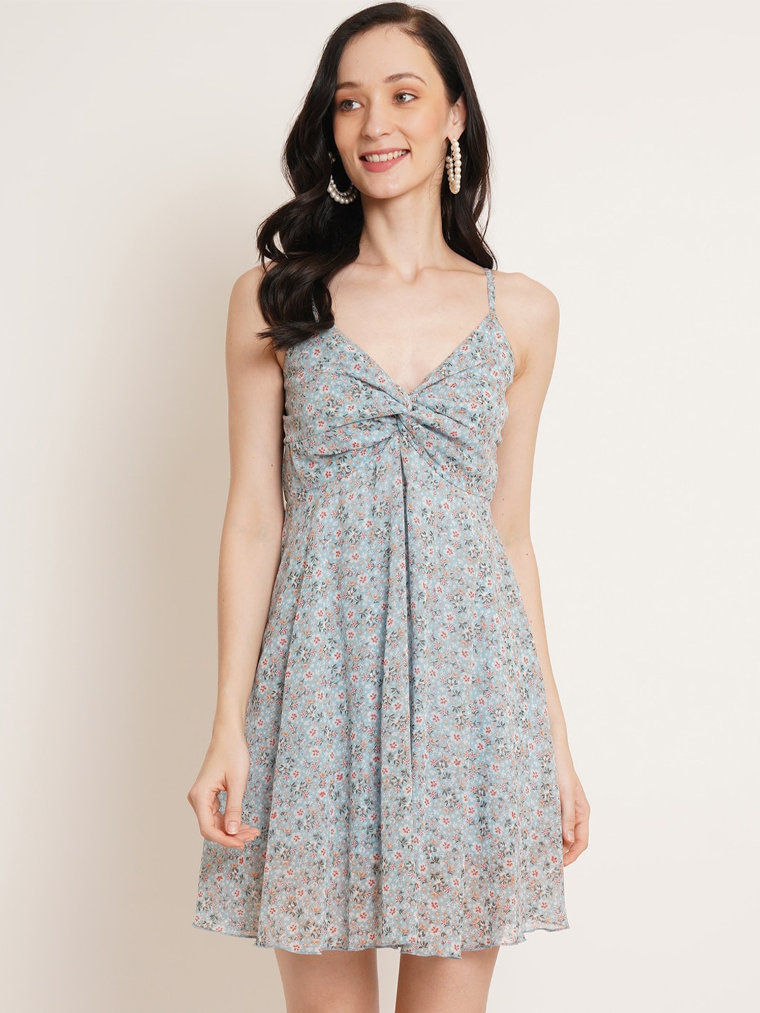 

U&F Blue Floral Printed Gathered Georgette Empire Dress