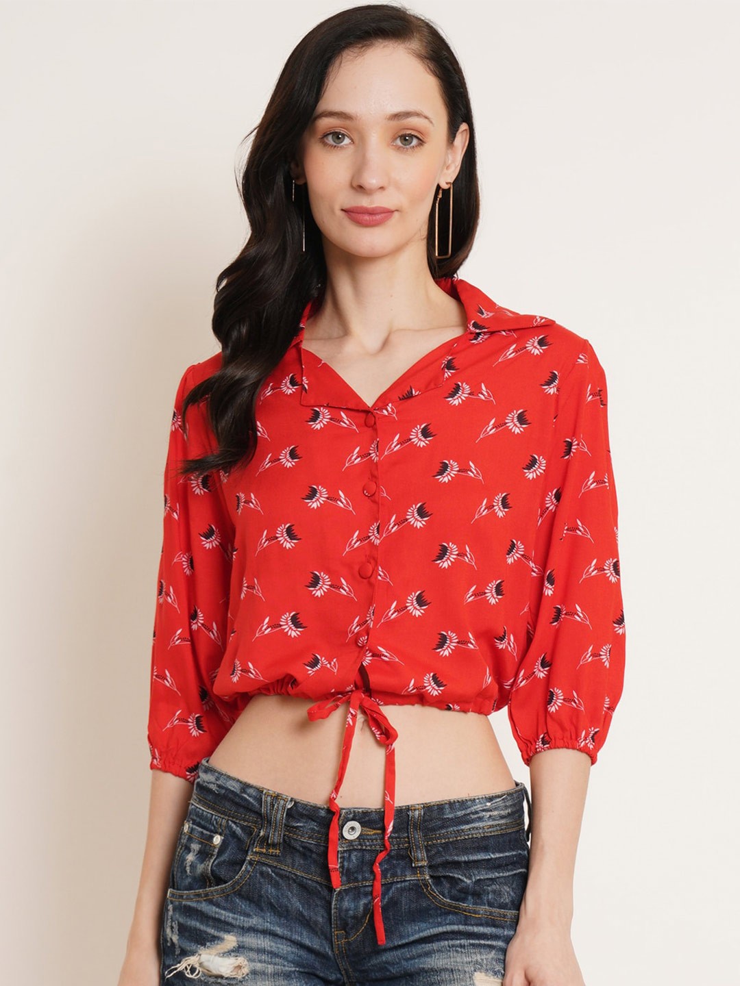 

U&F Red Floral Printed Puff Sleeve Shirt Style Crop Top