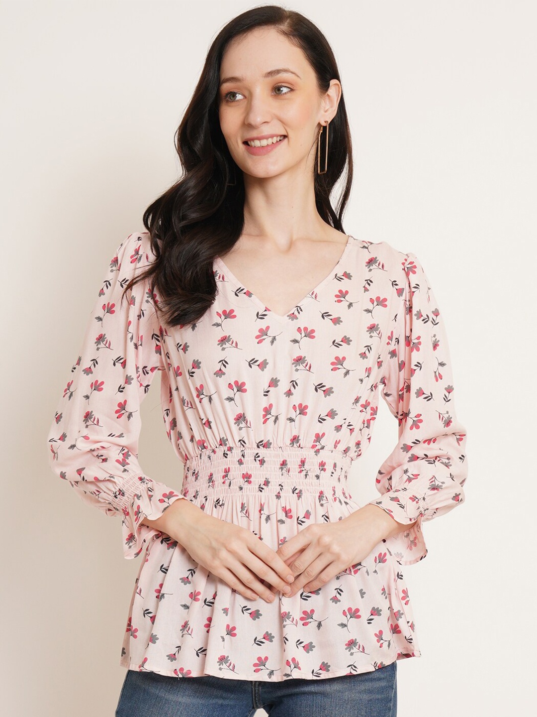 

U&F Peach-Coloured & Grey Floral Printed Puff Sleeves Smocked Peplum Top