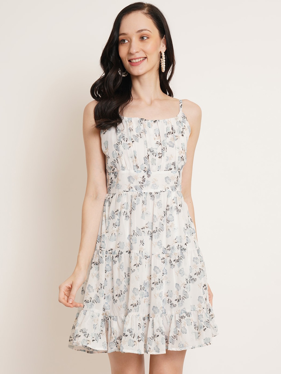 U&F White Floral Printed Georgette Fit & Flare Dress