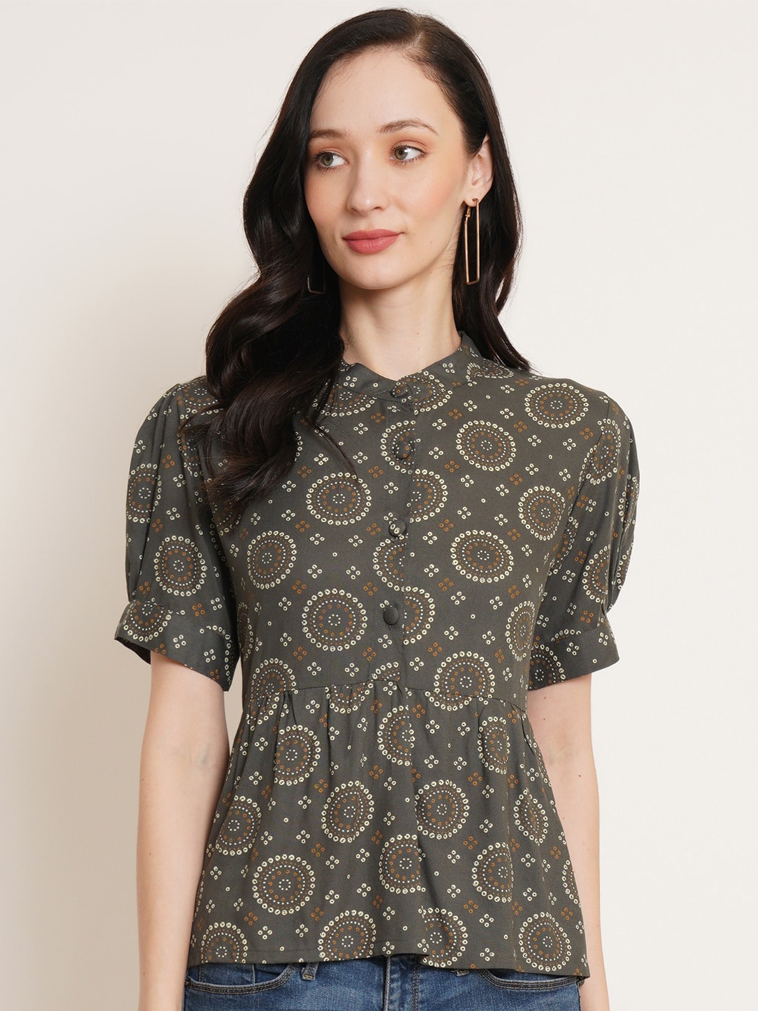 

U&F Grey Ethnic Motifs Printed Puff Sleeves Band Collar Pleated A-Line Top