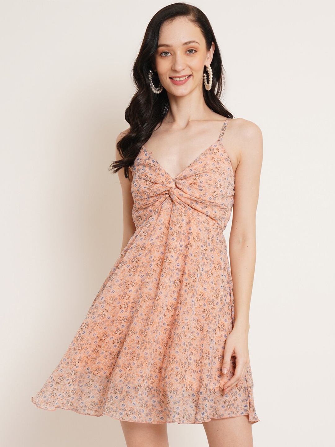 U&F Orange Floral Printed Gathered Georgette Empire Dress