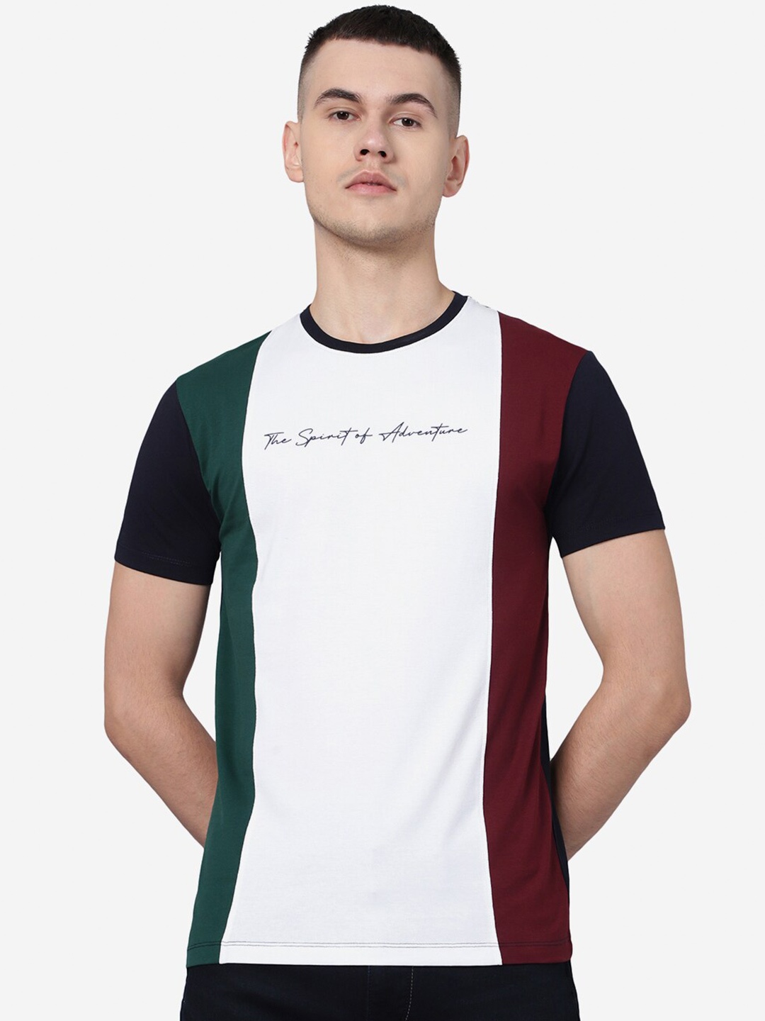 

JADE BLUE Men Colourblocked Cotton Slim Fit T-shirt, Green