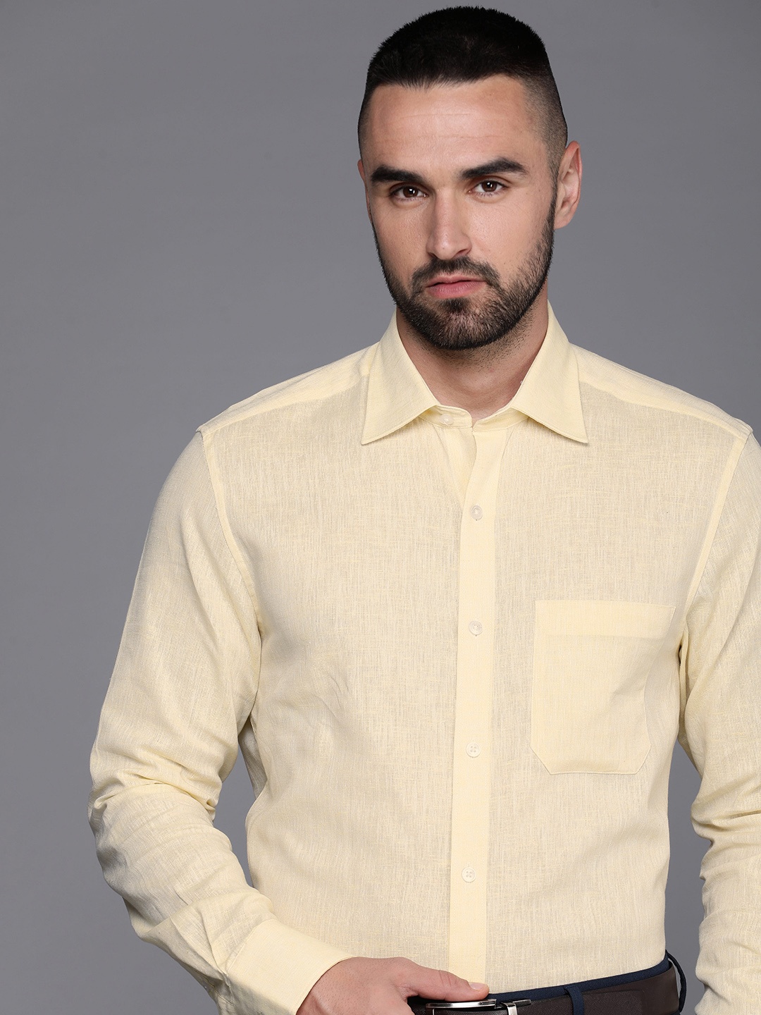 

Louis Philippe Solid Cotton Linen Formal Shirt, Yellow