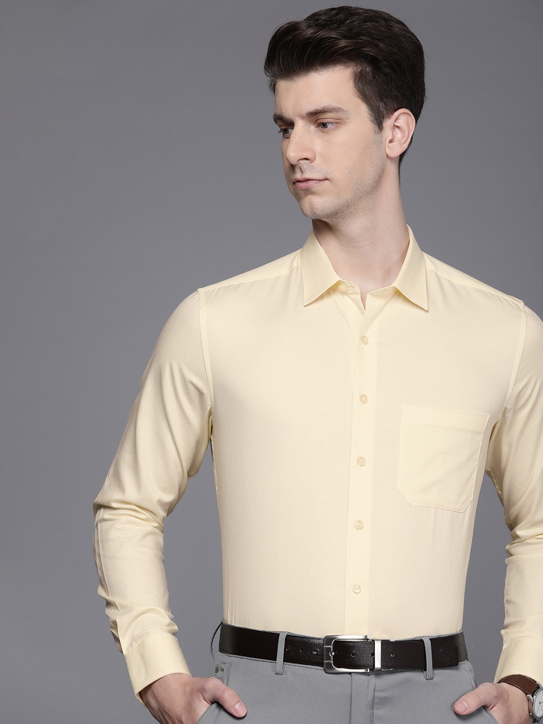 

Louis Philippe Men Textured Pure Cotton Slim Fit Opaque Formal Shirt, Yellow