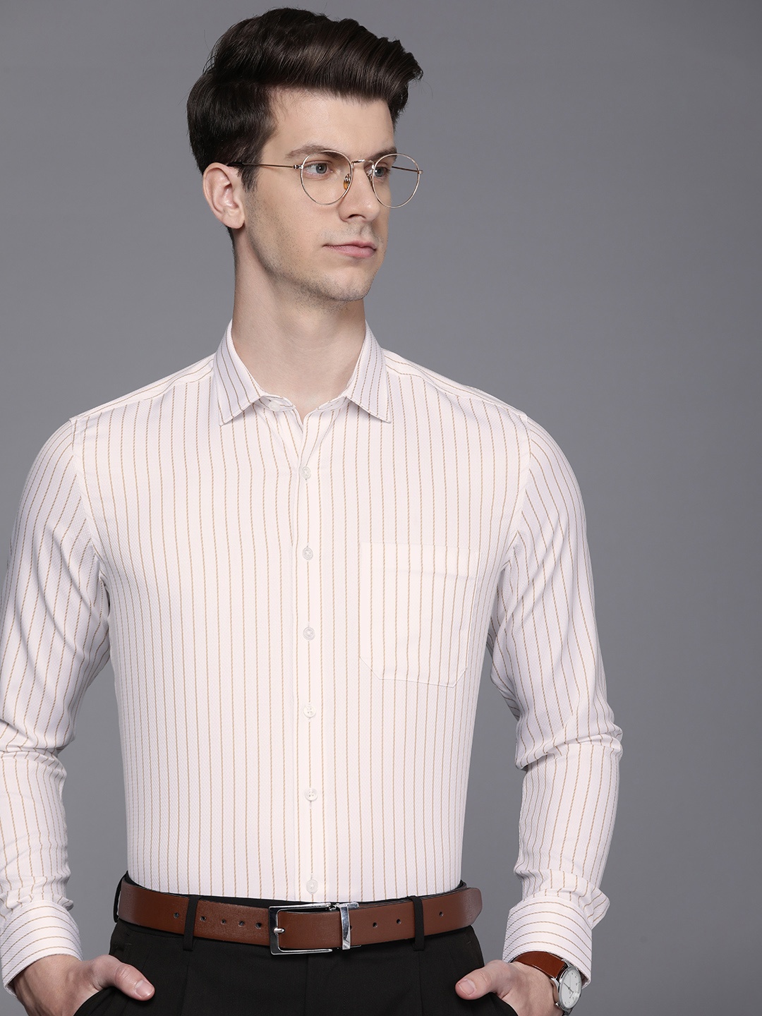 

Louis Philippe Men Slim Fit Striped Formal Shirt, Cream