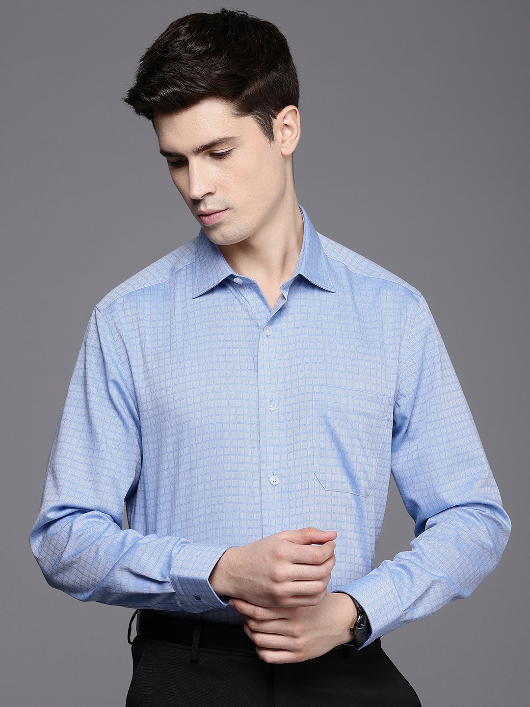 

Louis Philippe Pure Cotton Checked Formal Shirt, Blue