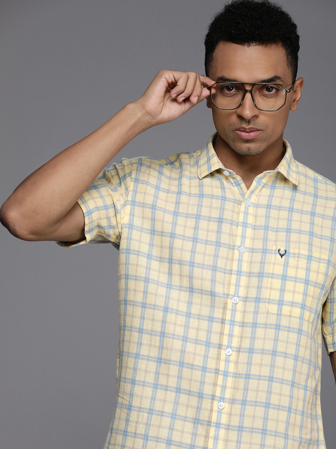 

Allen Solly Men Slim Fit Windowpane Checked Casual Shirt, Yellow