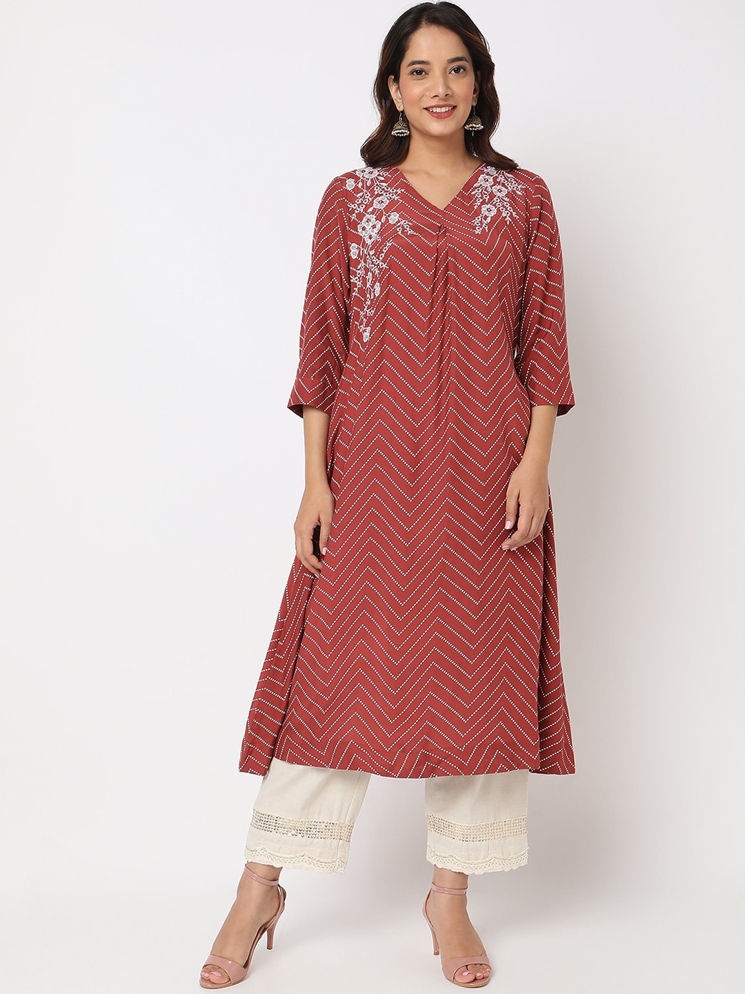 

Ethnicity Chevron Printed Mirror & Thread Work A-Line Kurta, Maroon