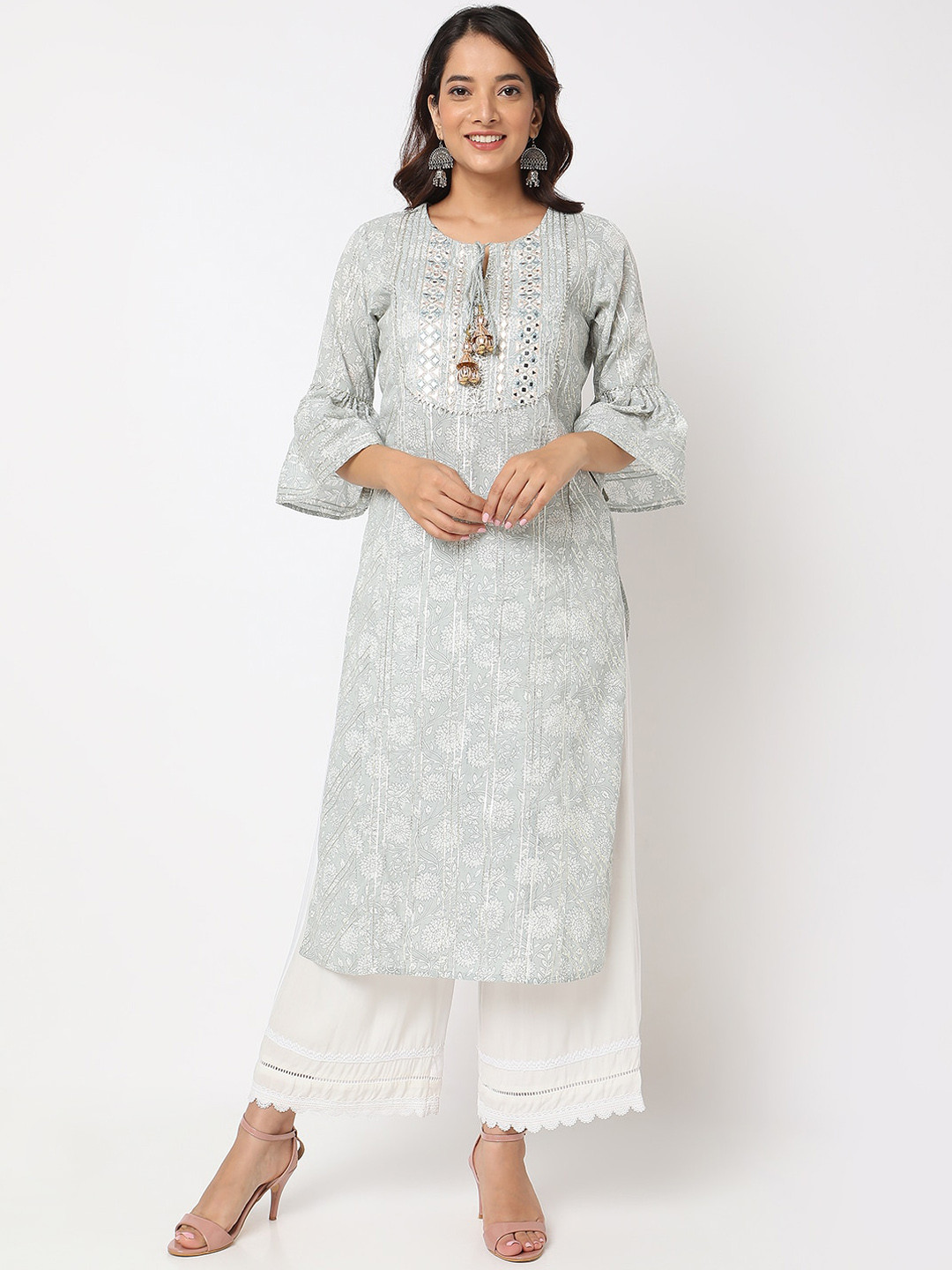 

Ethnicity Keyhole Neck Bell Sleeves Floral Printed Mirror Work Cotton Kurta, Grey