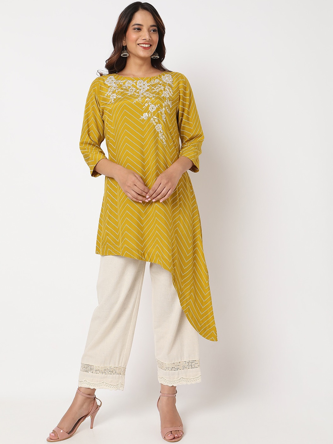 

Ethnicity Asymmteric Chevron Printed Thread Work A-Line Kurta, Mustard