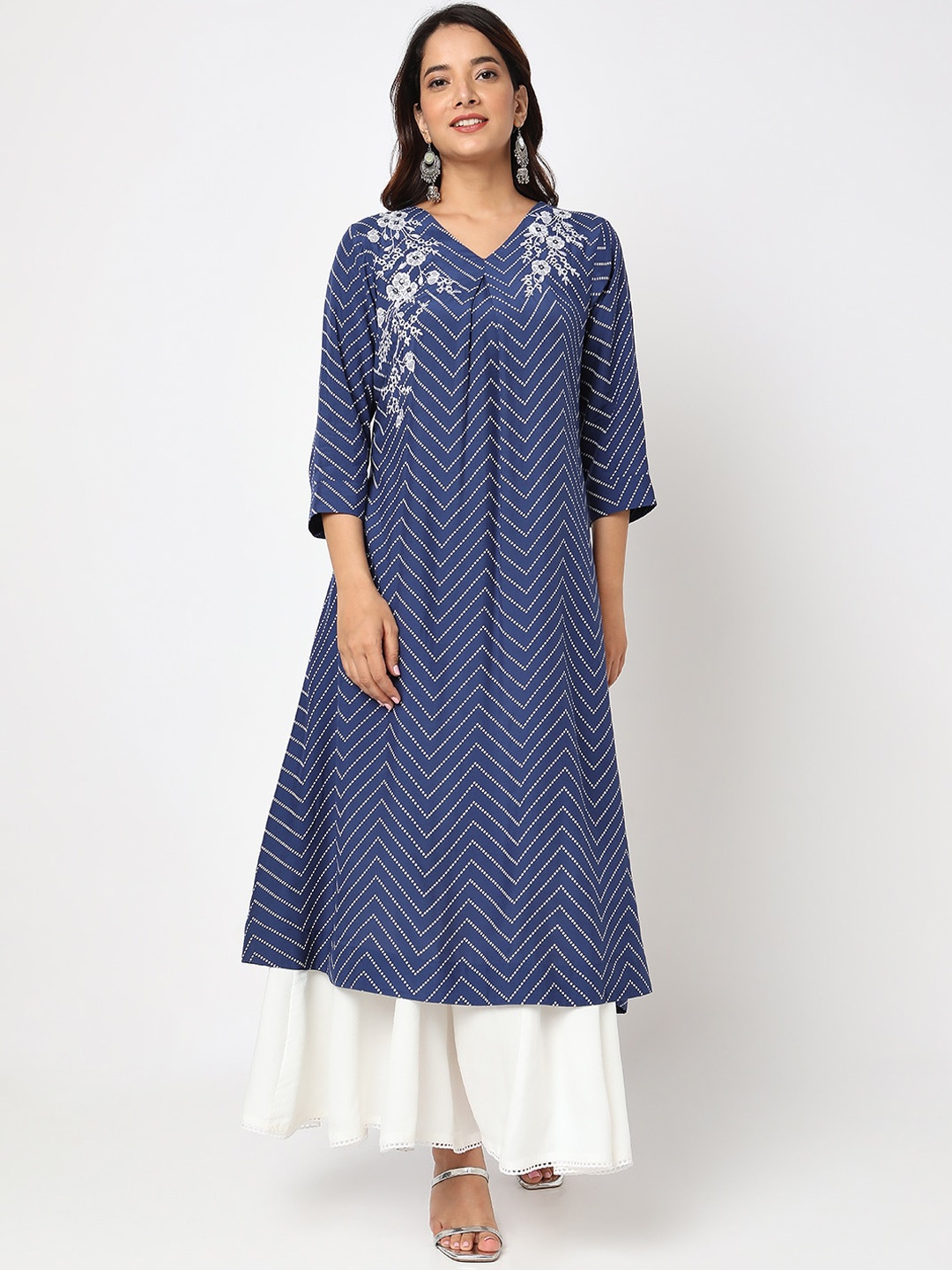 

Ethnicity Chevron Printed Thread Work A-Line Kurta, Blue