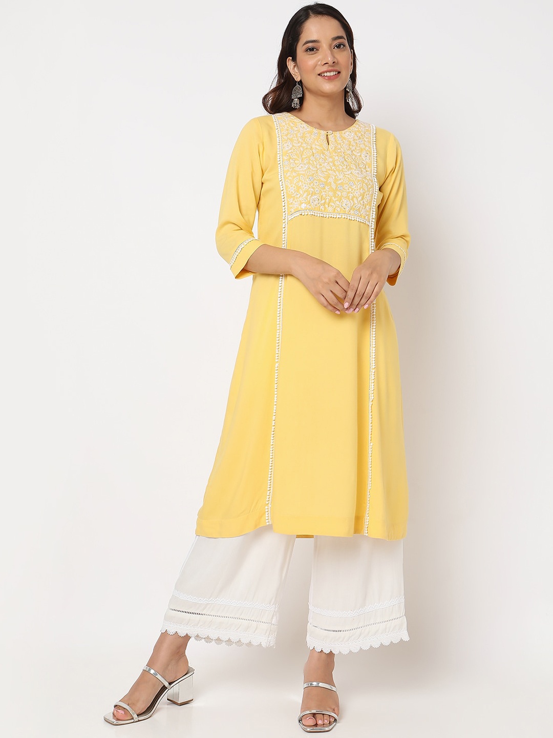 

Ethnicity Ethnic Motifs Embroidered Sequinned Panelled A-Line Kurta, Yellow
