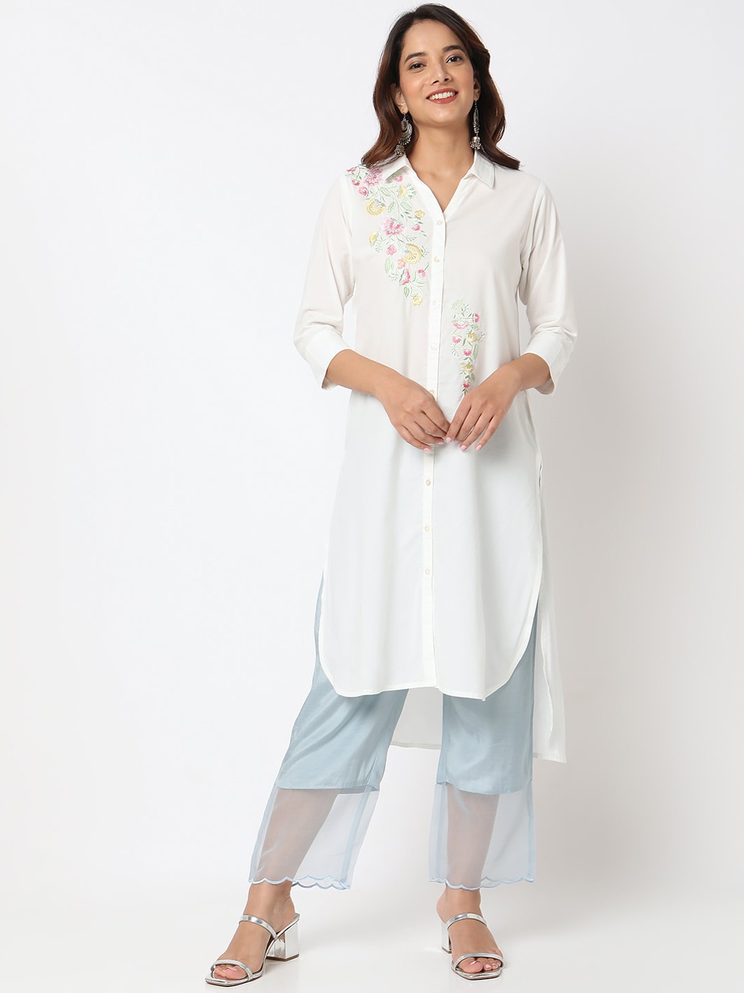 

Ethnicity Shirt Collar Floral Embroidered High-Low Kurta, White