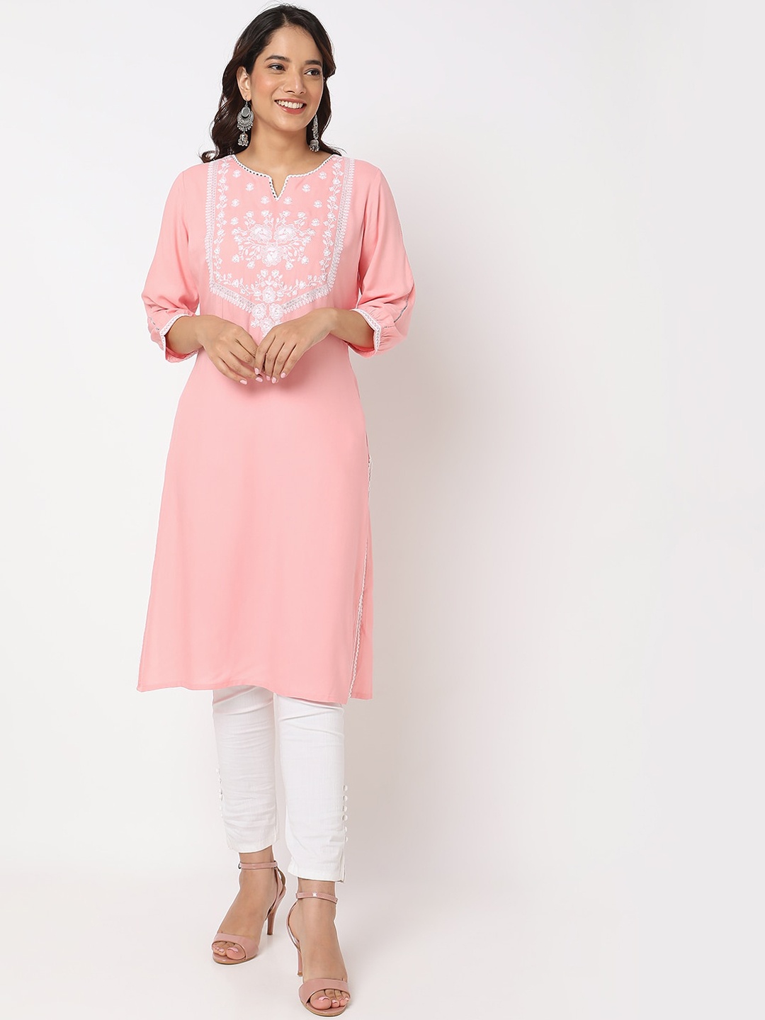 

Ethnicity Notched Neck Floral Embroidered Sequined Kurta, Pink