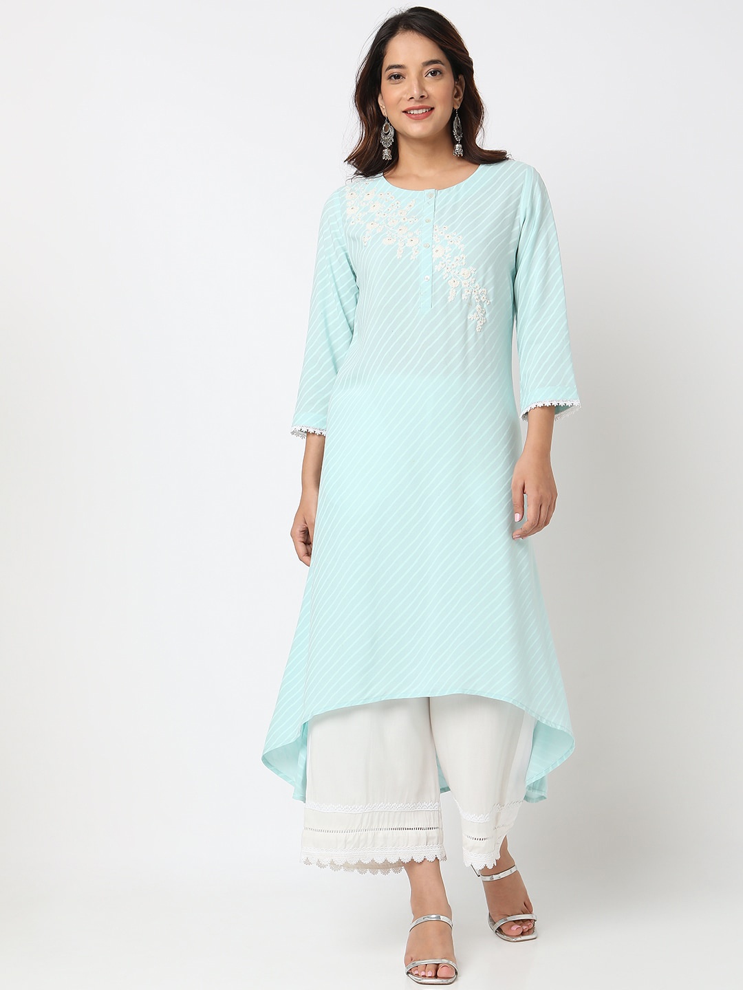 

Ethnicity Striped Sequinned Thread Work High Low A-Line Kurta, Blue