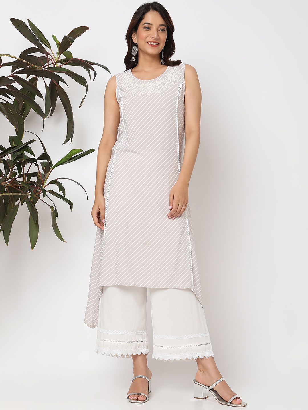 

Ethnicity Striped Sequinned Thread Work High Low A-Line Kurta, Grey