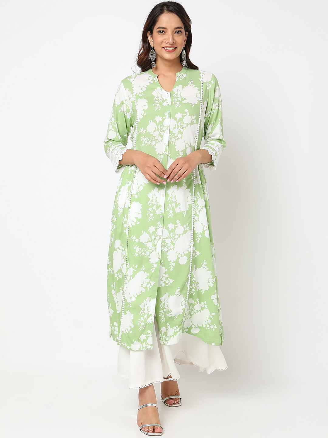 

Ethnicity Mandarin Collar Lace Floral Printed A-Line Kurta, Green