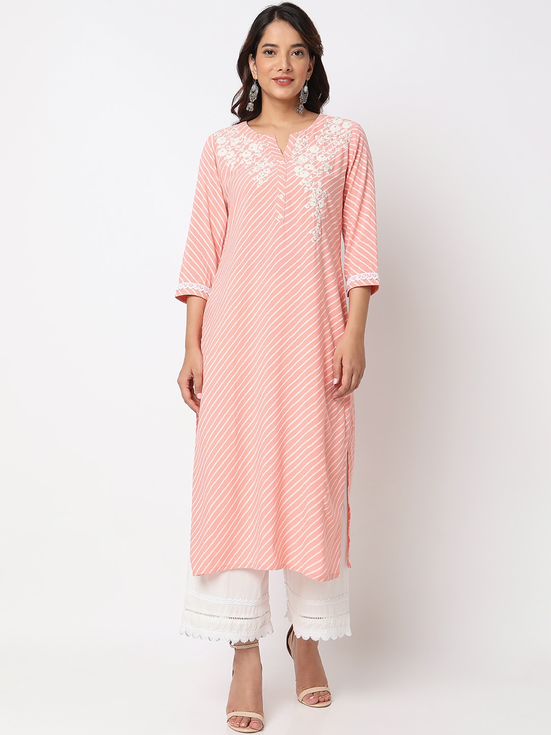 

Ethnicity Striped Thread Work A-Line Kurta, Peach