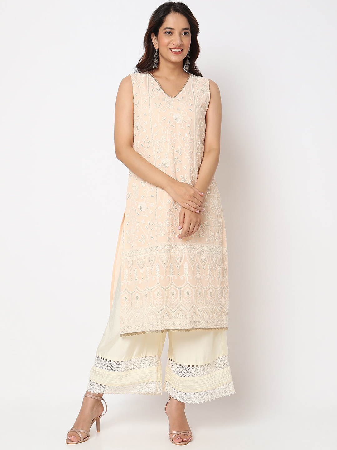 

Ethnicity Sleeveless Ethnic Motifs Embroidered Sequined Kurta, Peach