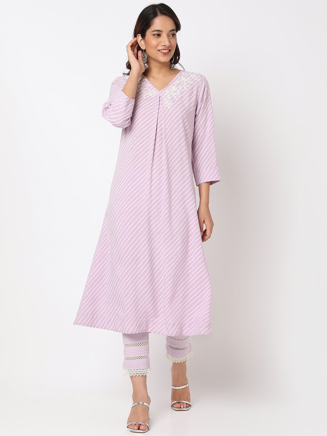 

Ethnicity V-Neck Pleated Striped Thread Work A-Line Kurta, Purple