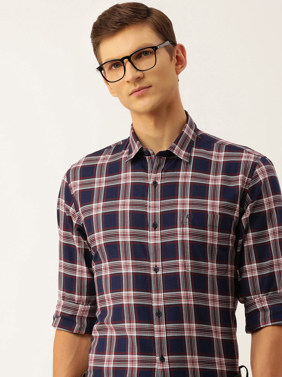 

Peter England Men Slim Fit Opaque Checked Pure Cotton Casual Shirt, Navy blue