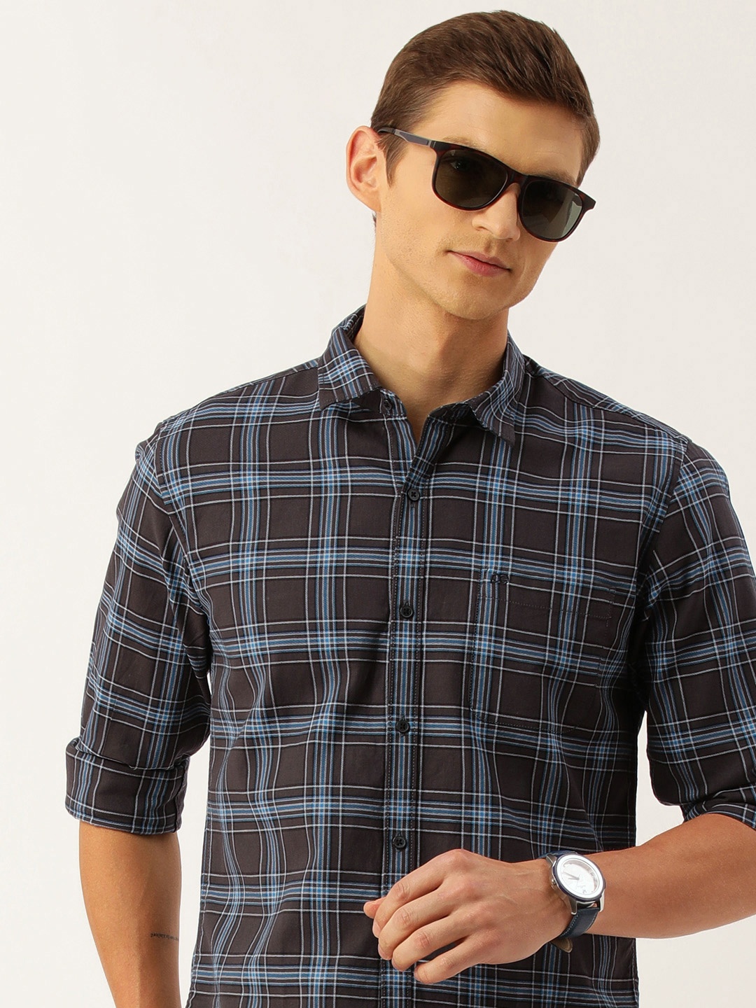 

Peter England Men Slim Fit Checked Pure Cotton Casual Shirt, Charcoal