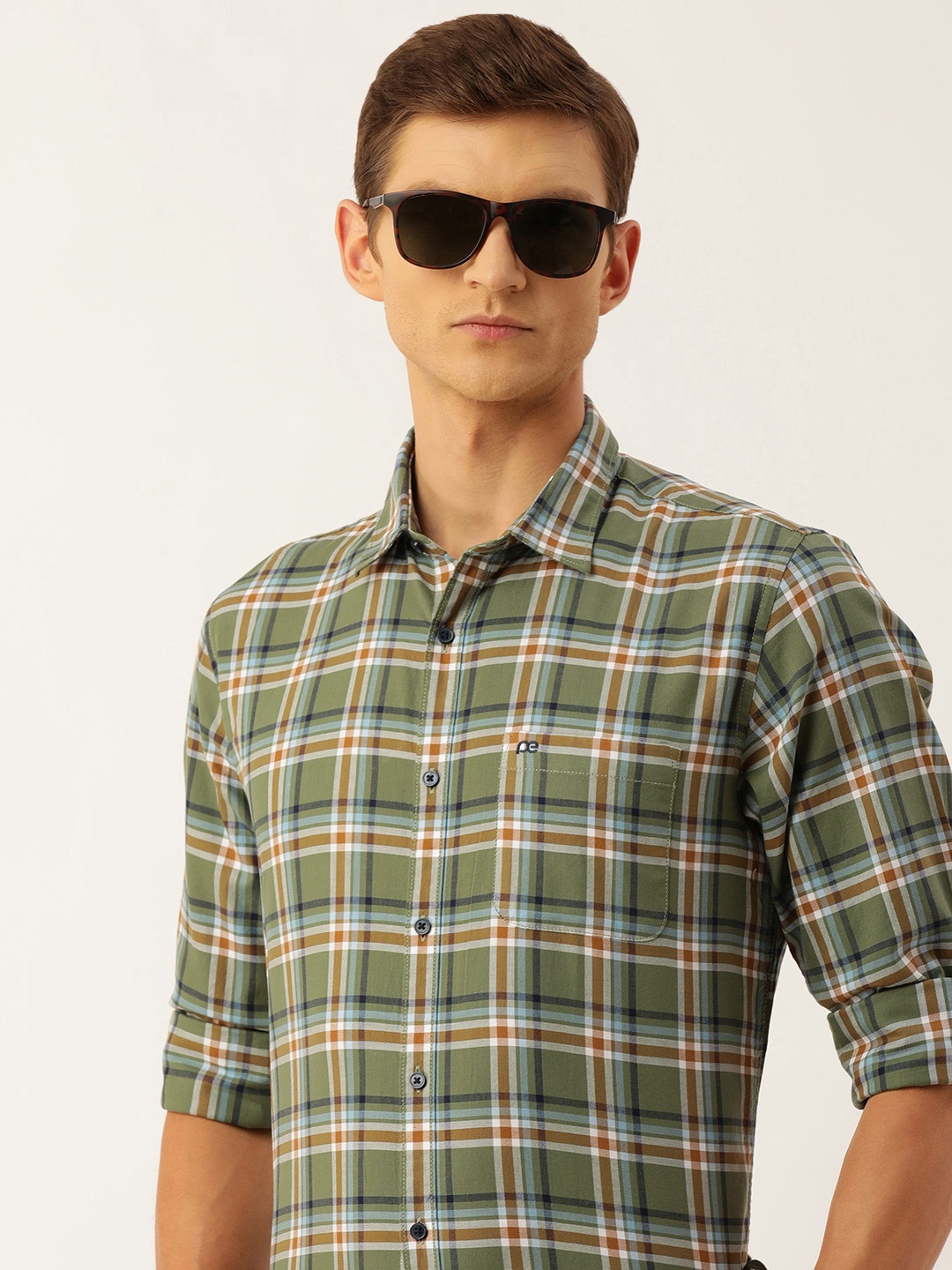 

Peter England Men Slim Fit Opaque Checked Pure Cotton Casual Shirt, Olive