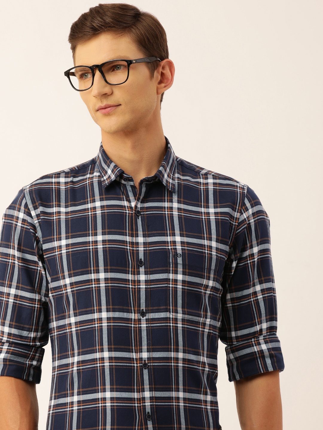 

Peter England Men Slim Fit Opaque Checked Pure Cotton Casual Shirt, Navy blue