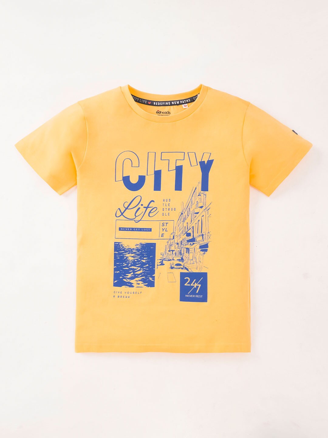 

edheads Boys Typography Printed Round Neck Regular Fit Cotton T-shirt, Yellow