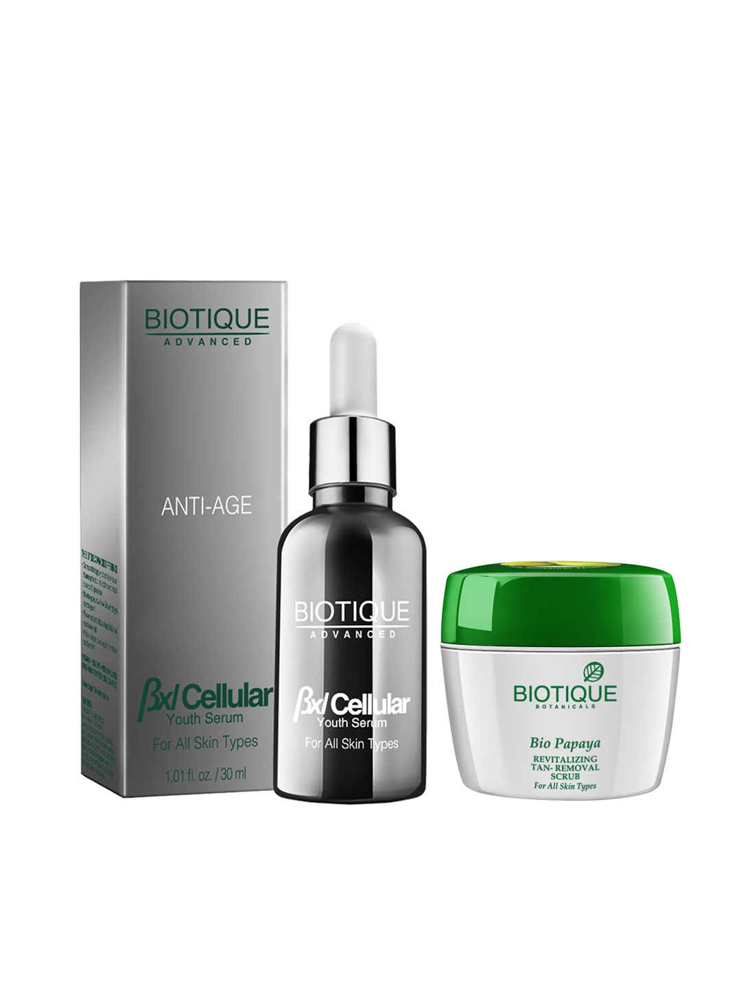 

Biotique Bio Papaya Revitalising Tan-Removal Scrub & BXL Cellular Youth Serum, Silver