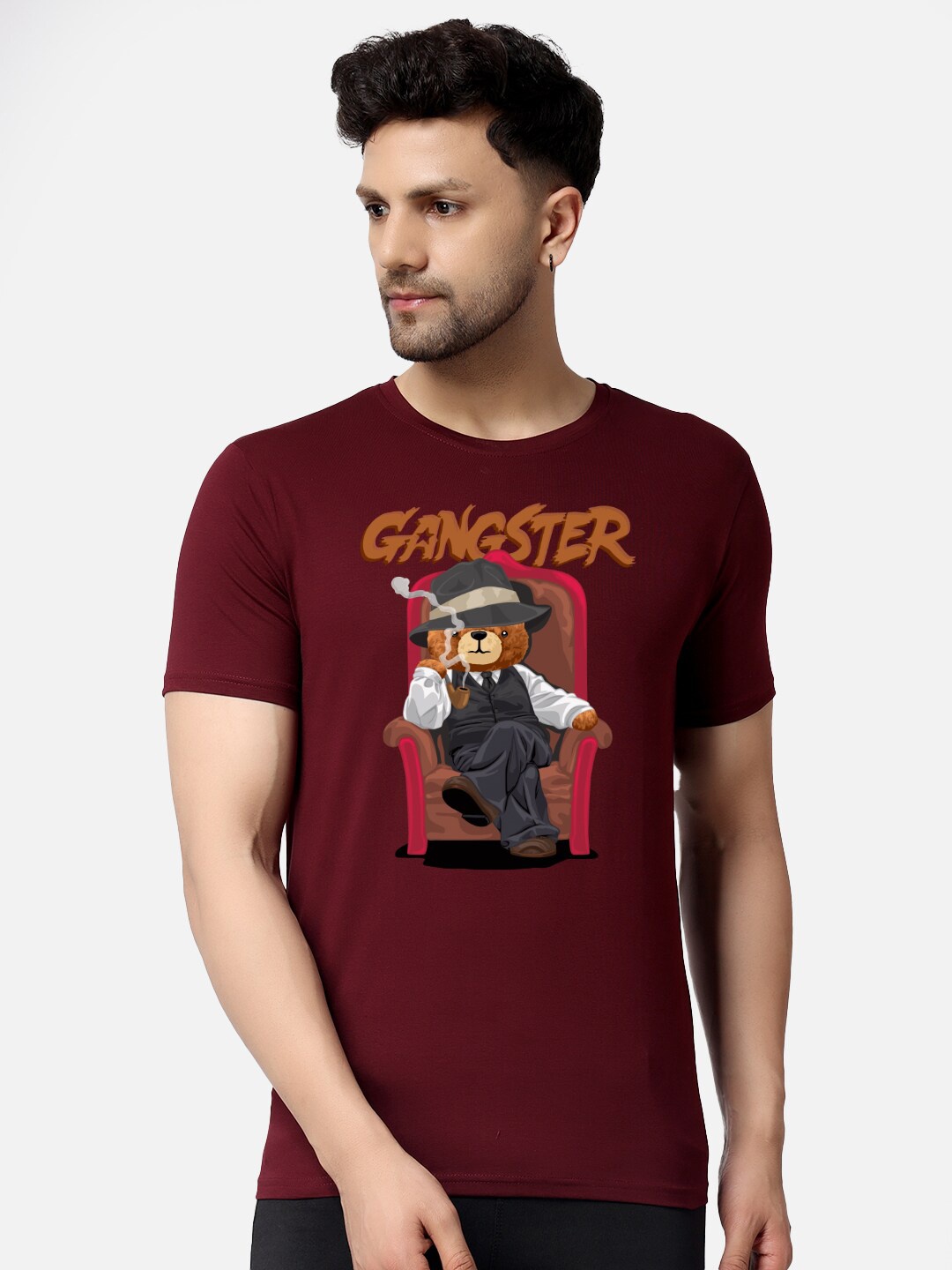 

The Label Bar Gangster Bear Graphic Printed Knitted Cotton T-Shirt, Maroon