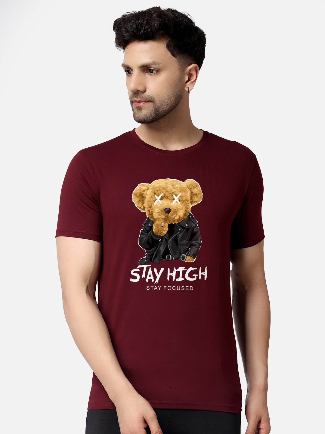 

The Label Bar Stay High Bear Graphic Printed Knitted Cotton T-Shirt, Maroon