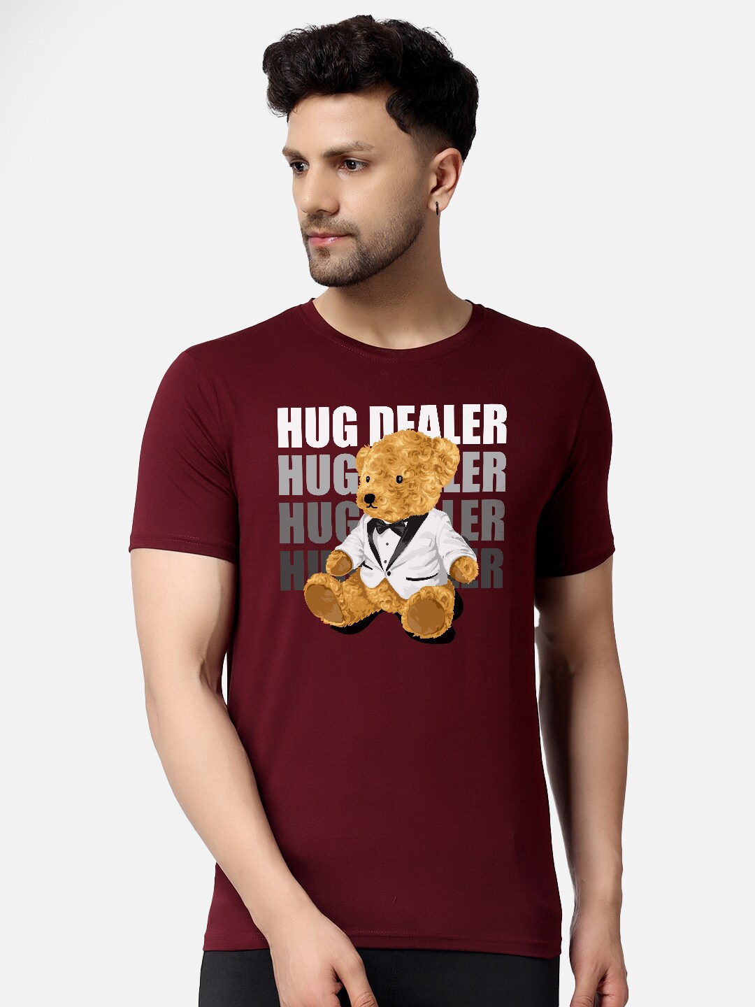 

The Label Bar Hug Dealer Bear Printed Round Neck T-shirt, Maroon