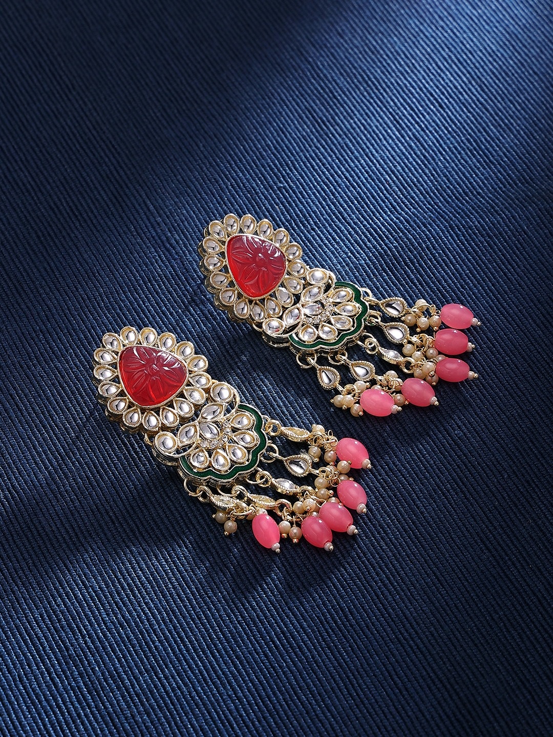 

Zaveri Pearls Gold-plated Stones & Beads Minimal Green Meenakari Kundan Studded Earrings, Pink