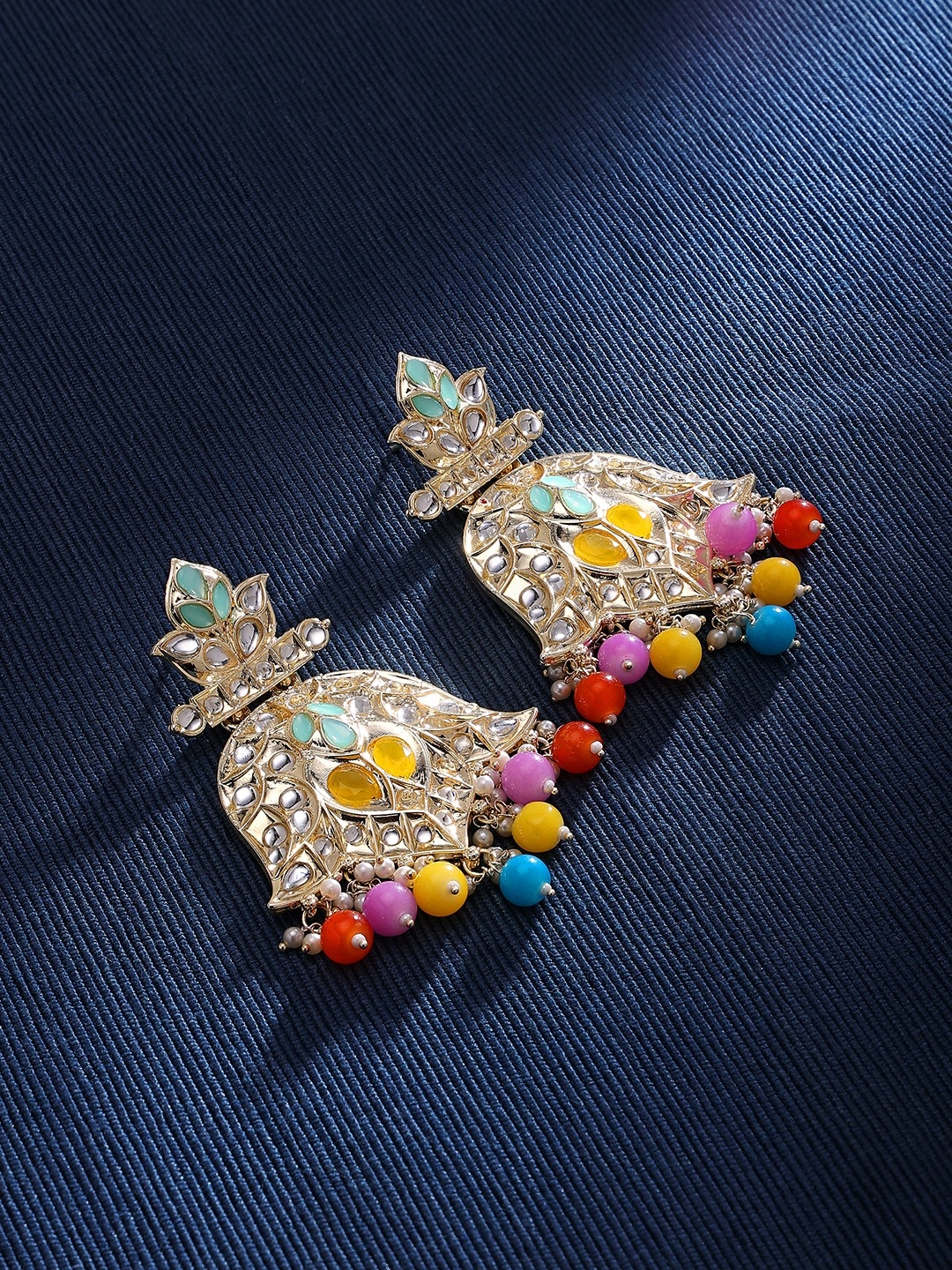 

Zaveri Pearls Gold-plated Stones & Beads Statement Dazzling Kundan Studded Drop Earrings
