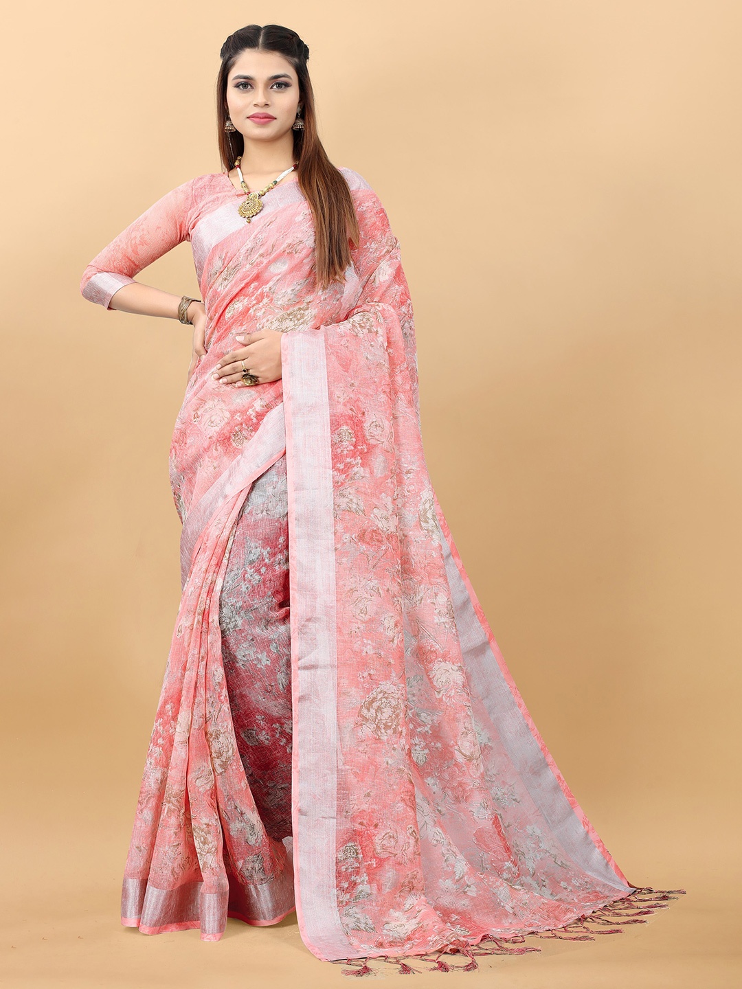 

VSaree Tasseled Floral Printed Zari Saree, Pink