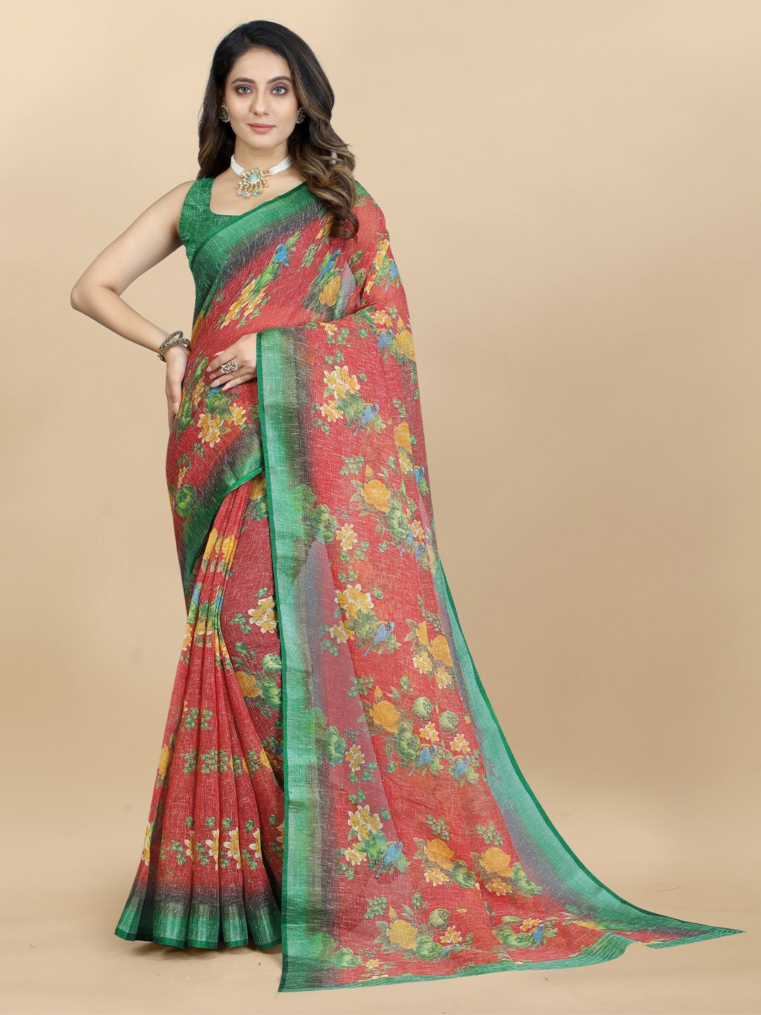

VSaree Floral Printed Zari Saree, Red