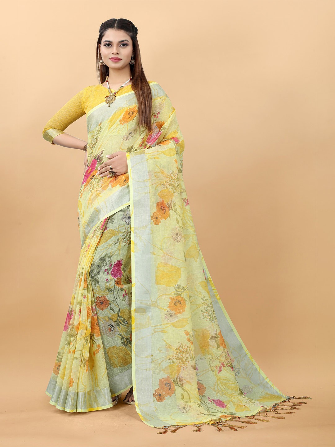 

VSaree Tasseled Floral Printed Zari Saree, Yellow