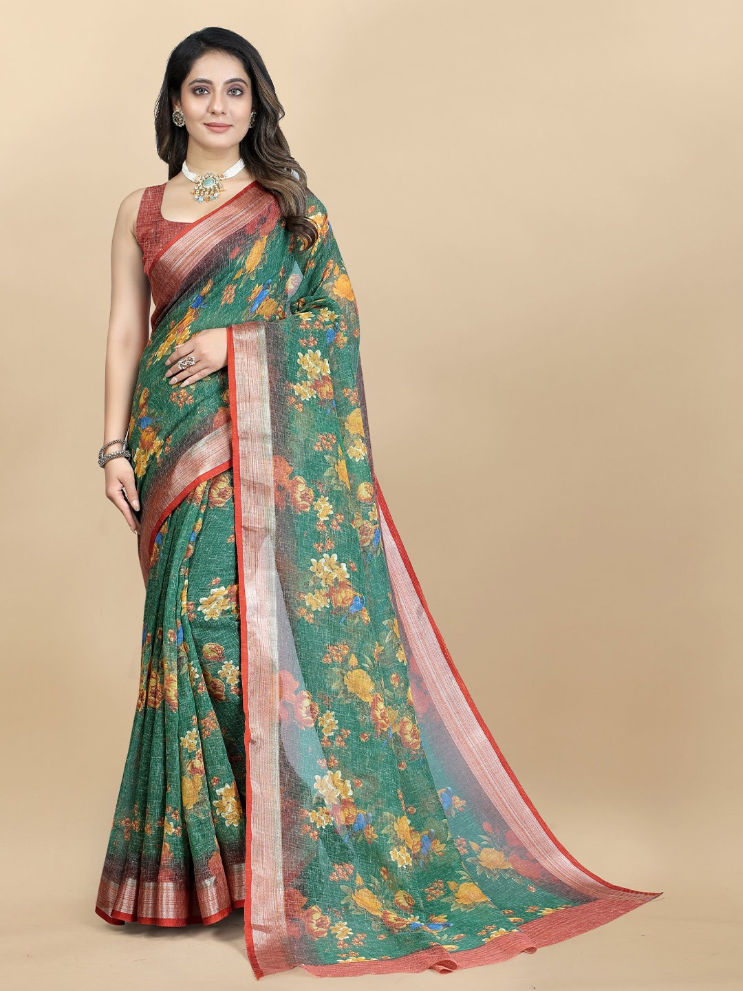 

VSaree Floral Printed Zari Saree, Green