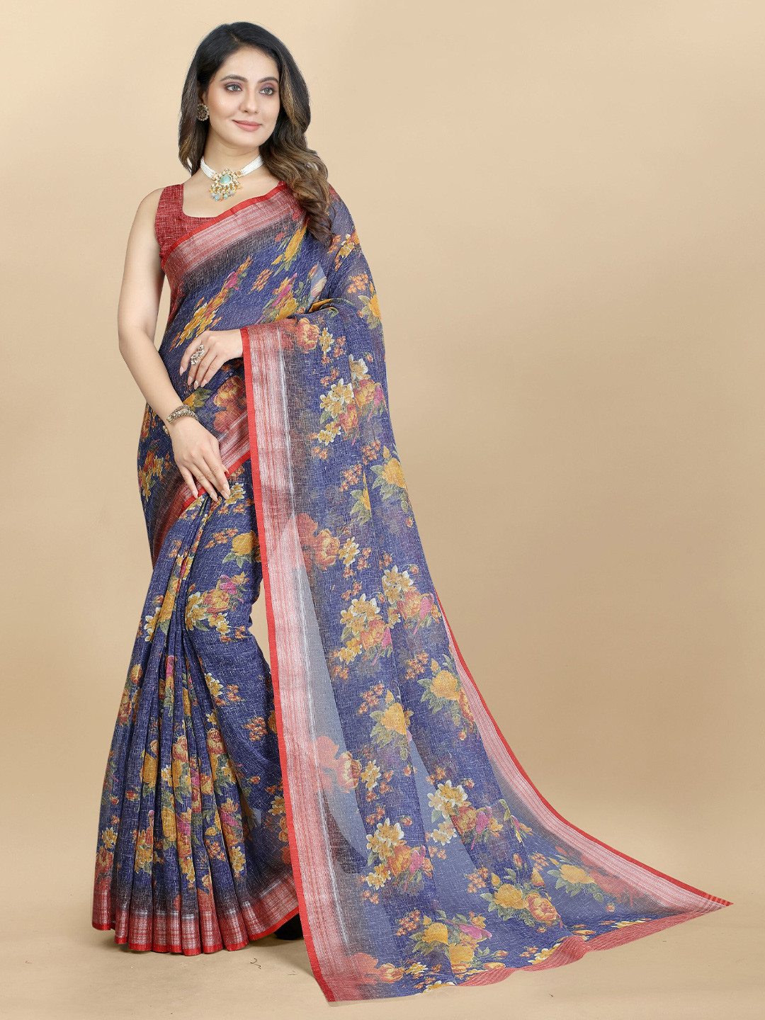 

VSaree Floral Printed Zari Saree, Blue